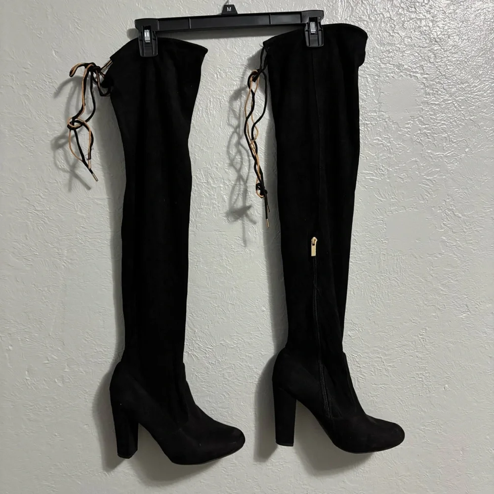 BAMBOO Black Over-the-Knee Boots with Lace Detail